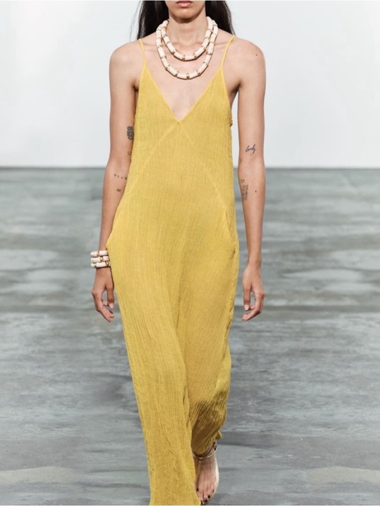 Zara Dresses & Skirts - Zara 100% linen Mustard Yellow V-Neck Maxi Slip Dress